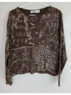 Hartfield Design Women's Brown Beaded Shirt With Haunted House Design Size PM